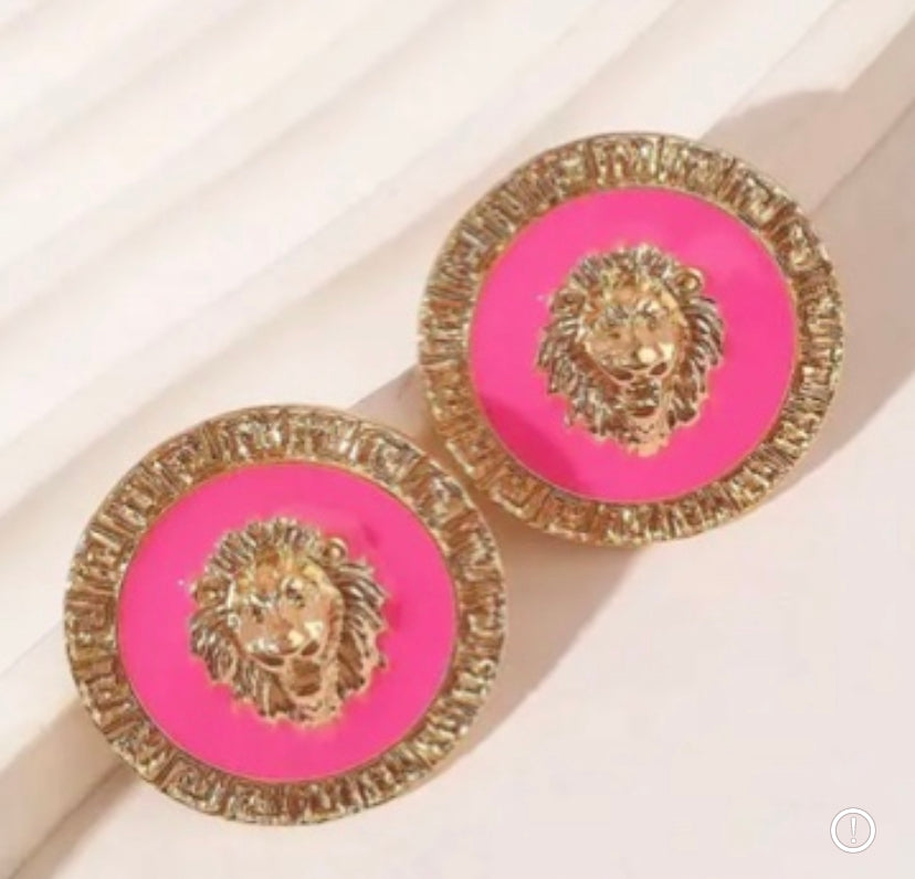 Pink Glam Gold Round Lion Earrings