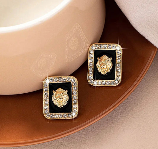 Glam Black Diamond Squared Lion Earrings